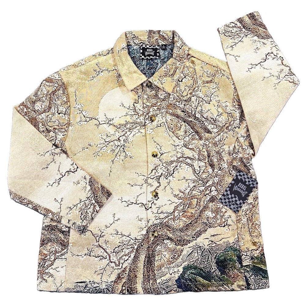 Rebel Vengeance Tapestry Jacket L Mens Japanese Mt Fuji Cherry Blossom Beige